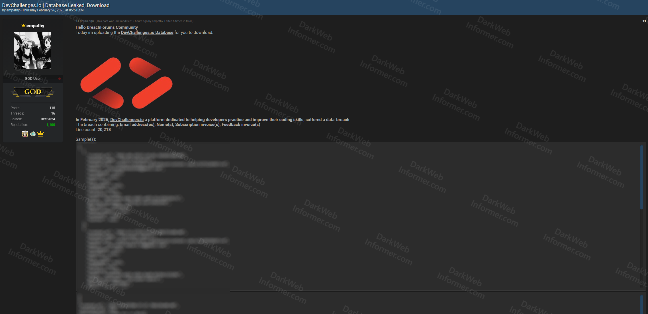 Forum listing showing DevChallenges database leak with 20,218 records