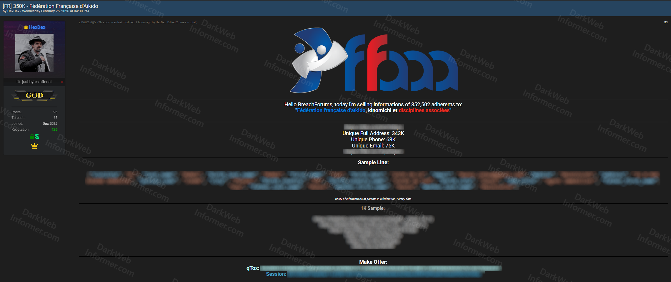 Forum listing showing French Aikido Federation member data for sale with 352,502 records