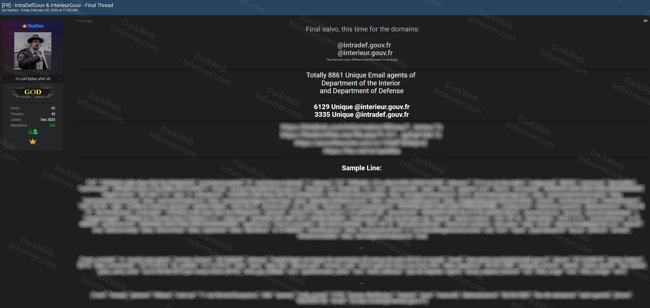 Forum listing showing French Department of Interior and Defense email agent data leak