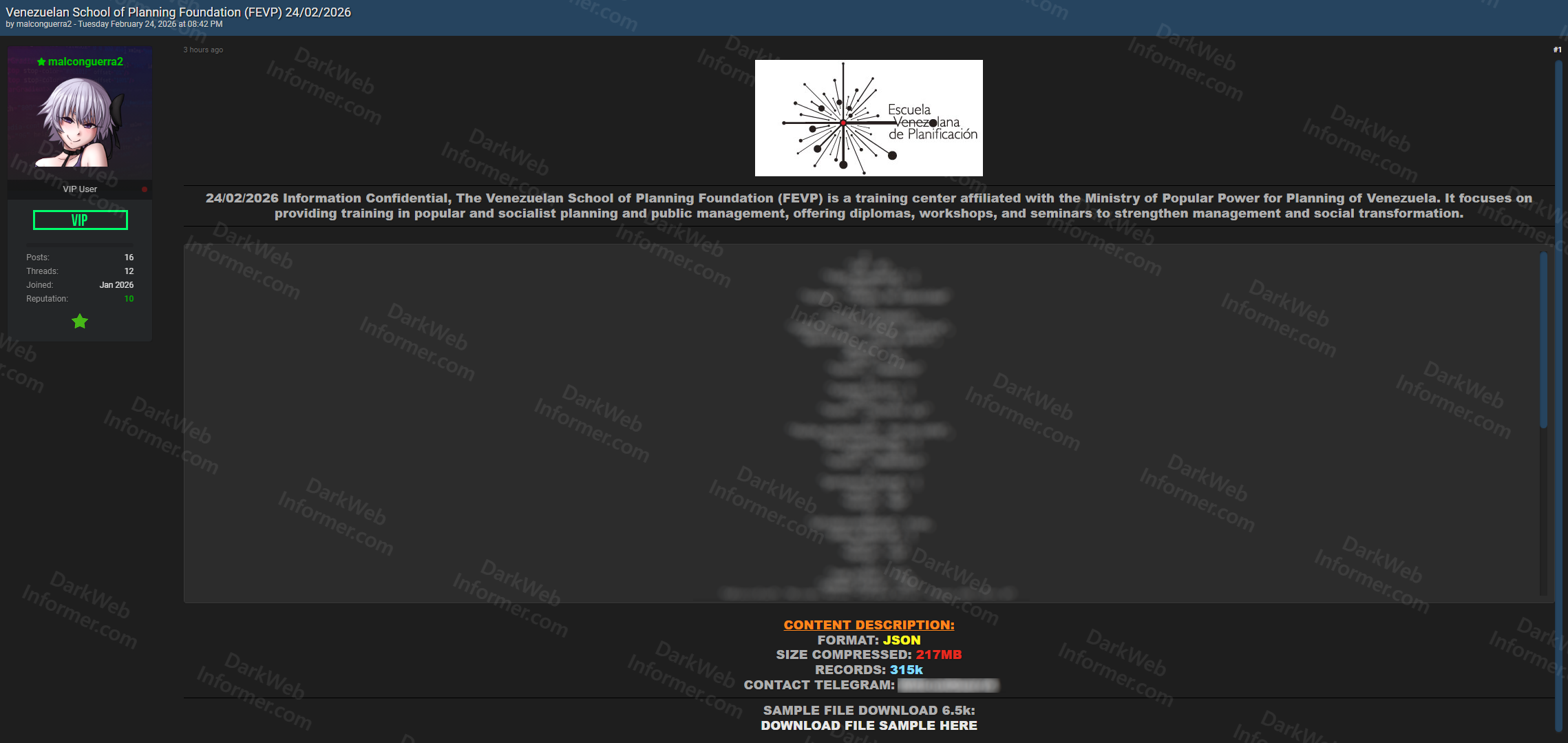 Forum listing showing Venezuelan School of Planning Foundation data breach with 315,000 records