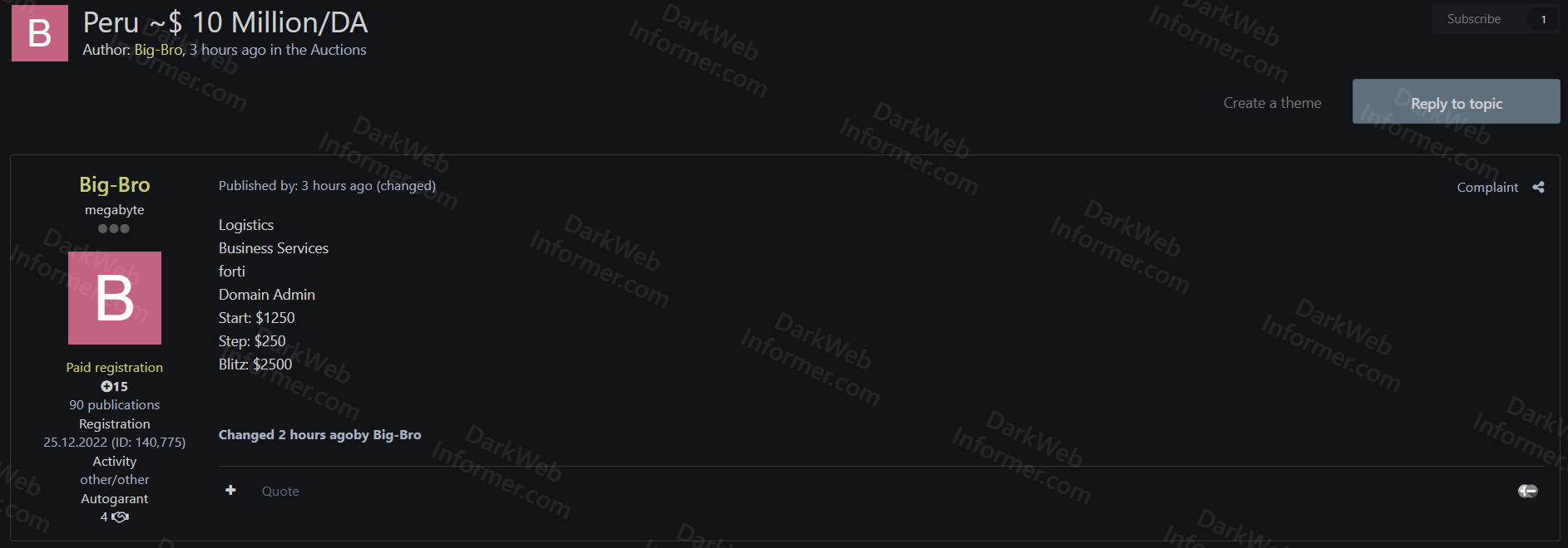 Forum listing showing auction for domain admin access to Peruvian logistics company