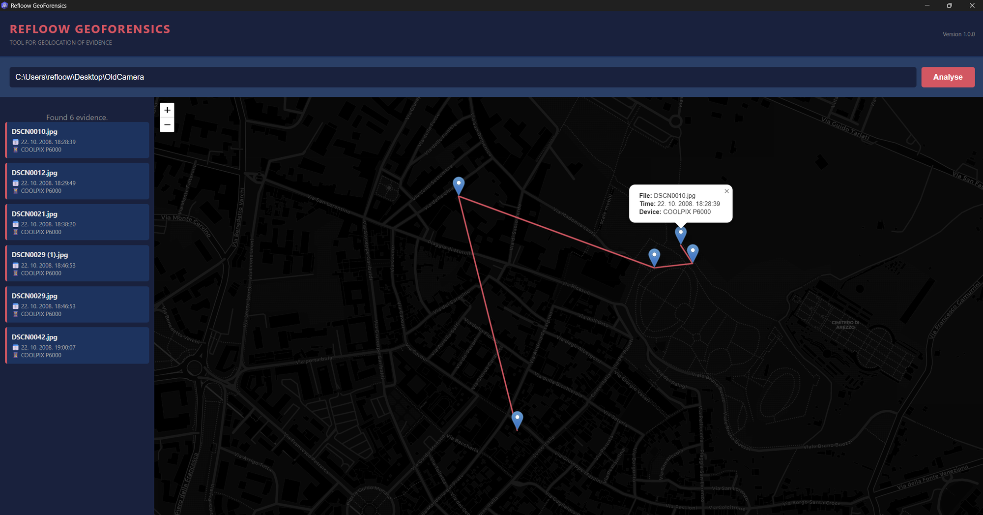 Refloow GeoForensics map view showing GPS-plotted image evidence with movement tracking lines and EXIF metadata popup