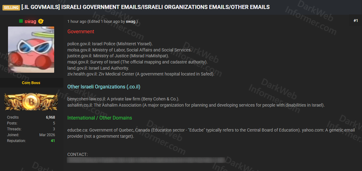 Forum post by swag selling email credentials for Israeli government agencies including Israel Police, Ministry of Justice, and Israeli organizations along with international targets