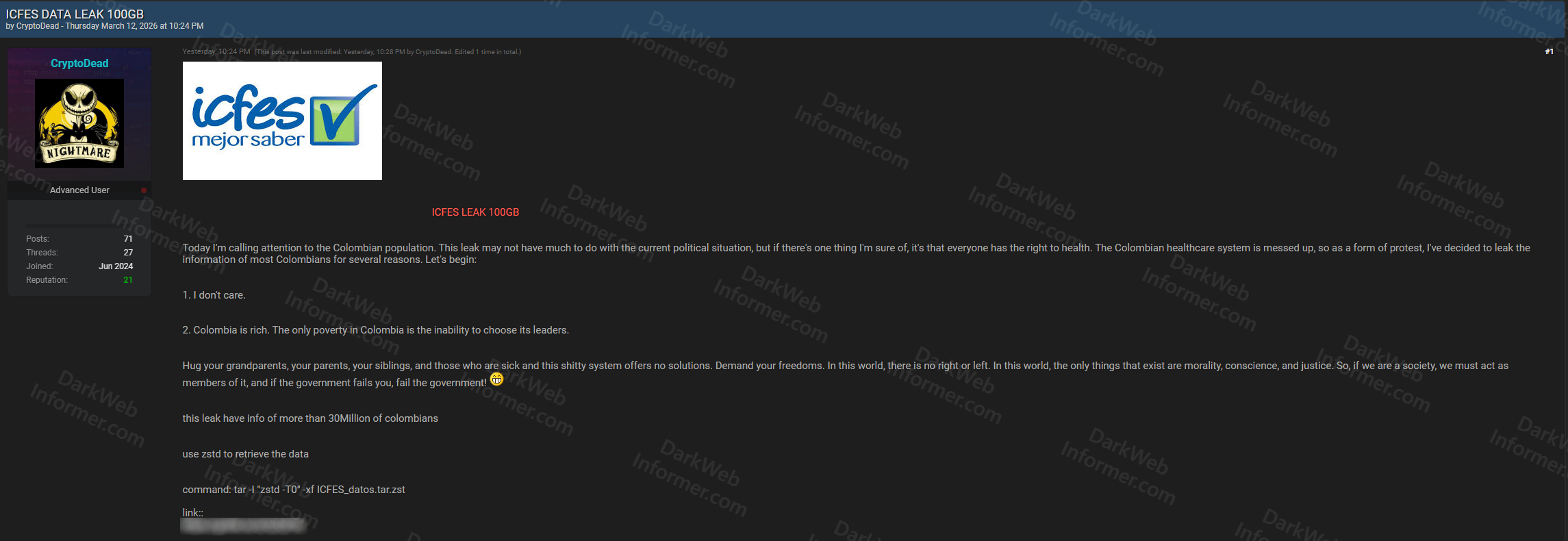 Forum post by CryptoDead announcing ICFES data leak of 30 million Colombian citizens with political motivation statement