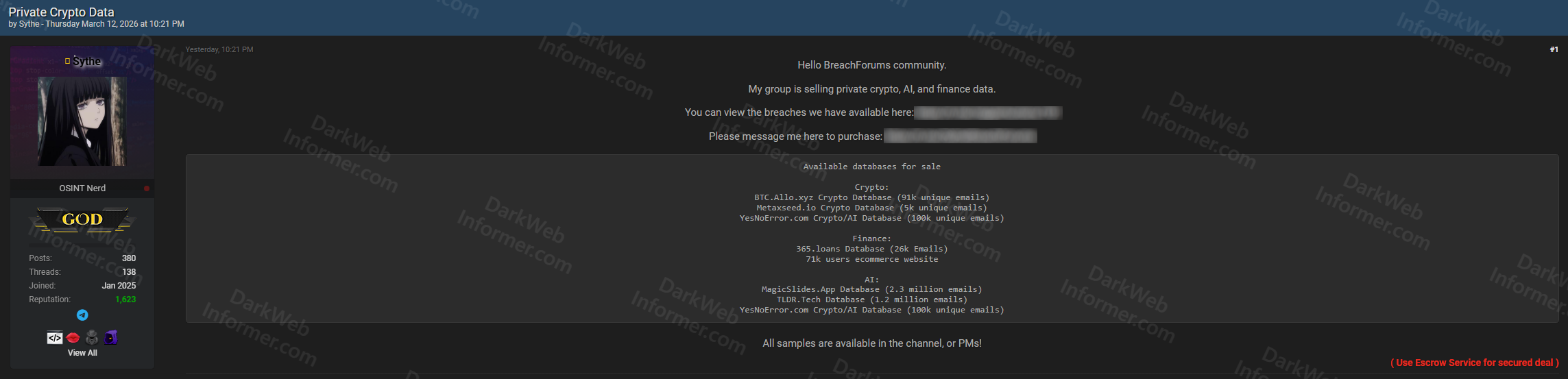 Forum post by Sythe advertising private crypto, AI, and finance databases for sale with record counts per platform
