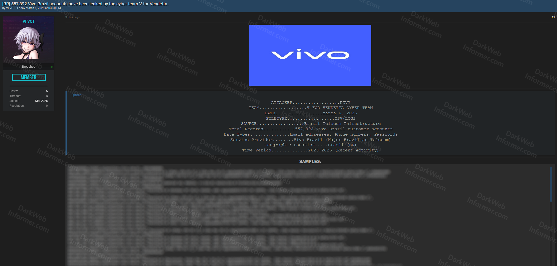 Forum listing showing 557,892 Vivo Brazil customer accounts leaked by V For Vendetta Cyber Team