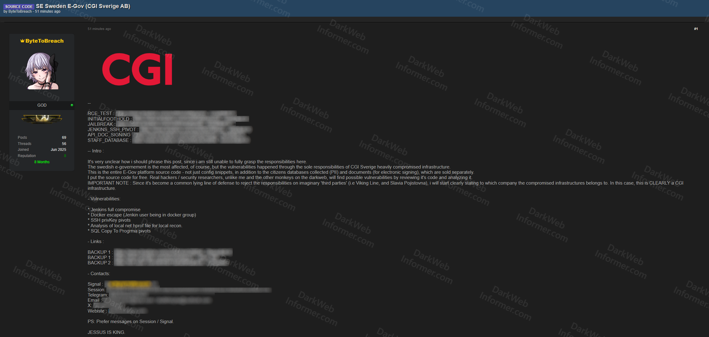 Forum listing showing Sweden E-Government platform source code leaked from CGI Sverige infrastructure
