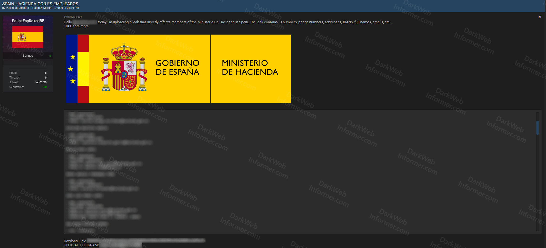 Forum listing showing Spanish Ministry of Finance employee data leak with IDs, IBANs, and personal information