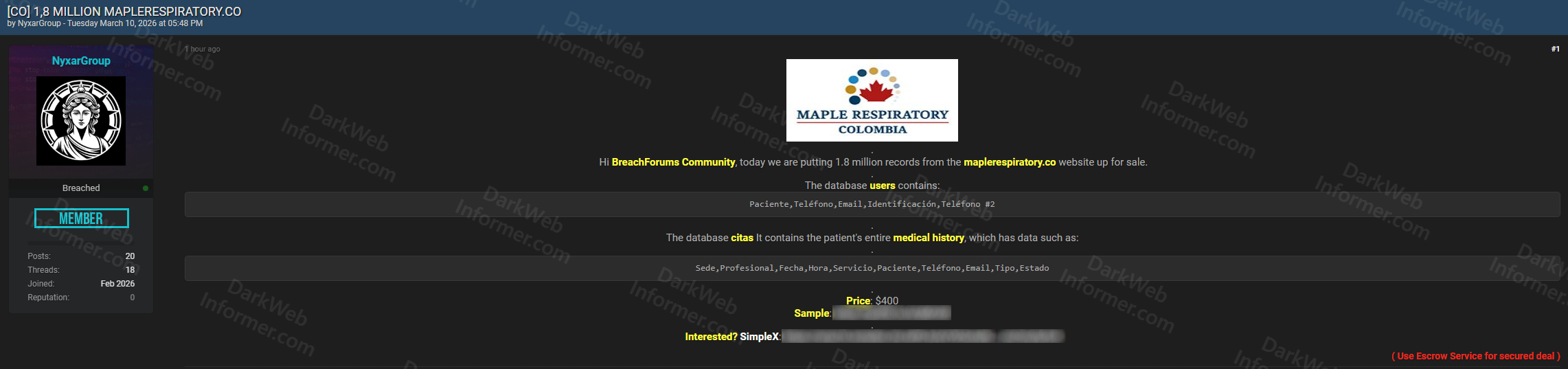 Forum listing showing 1.8 million Maple Respiratory Colombia patient records for sale