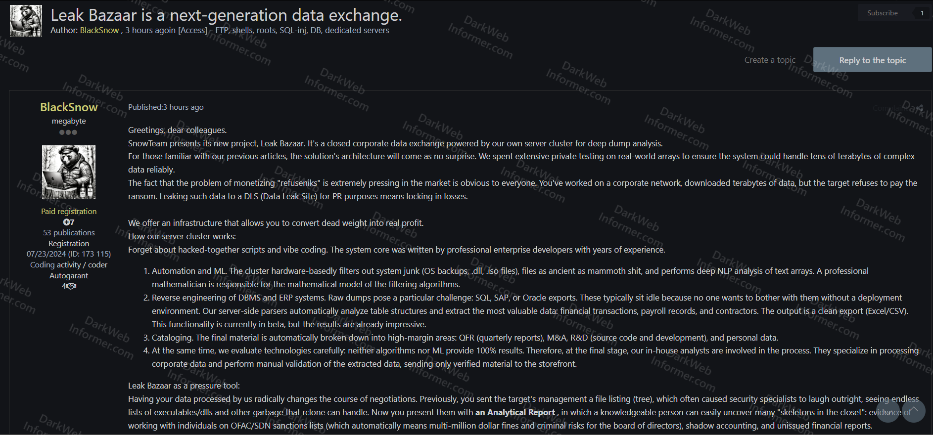 Forum post by BlackSnow announcing Leak Bazaar data exchange platform with ML-powered processing pipeline and server cluster architecture details