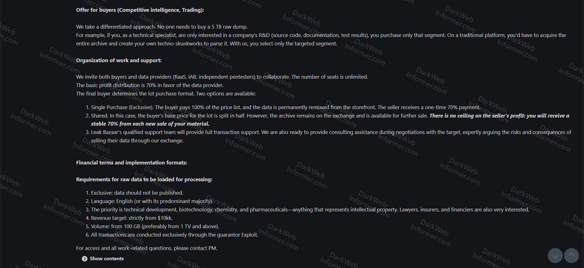 Leak Bazaar business model details including buyer options, revenue splits, data submission requirements, and target industry priorities