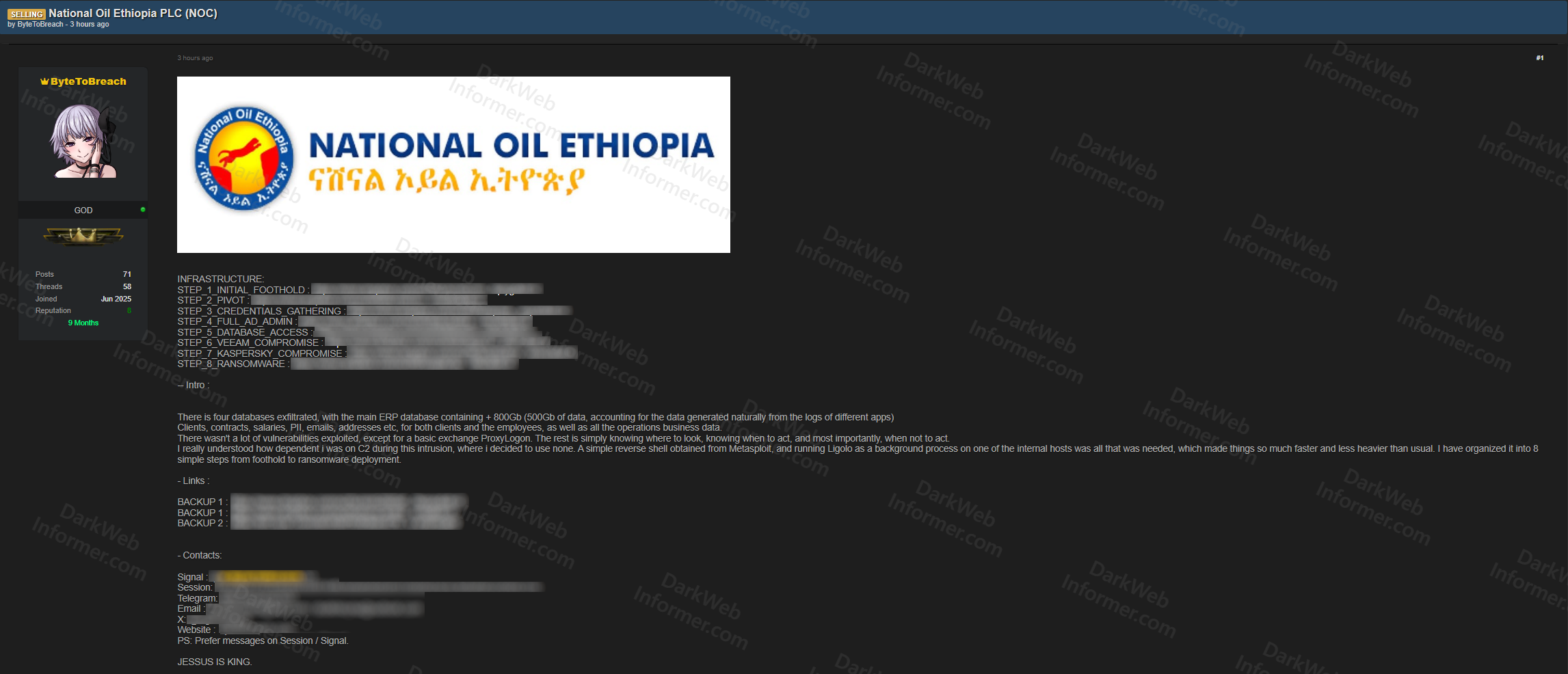 Forum post by ByteToBreach detailing full infrastructure compromise of National Oil Ethiopia with 8-step attack chain, 800GB database exfiltration, and ransomware deployment