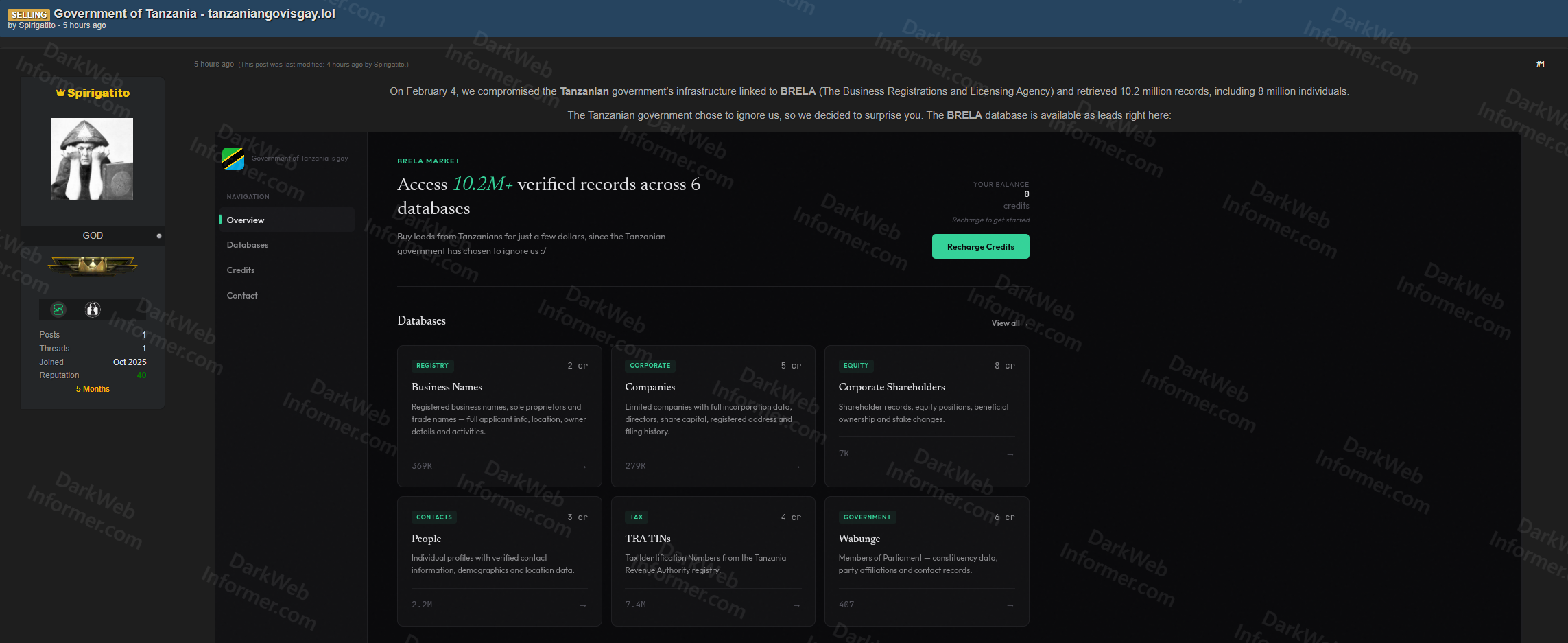 Forum post by Spirigatito showing BRELA marketplace with 6 databases totaling 10.2 million records from Tanzanian government infrastructure