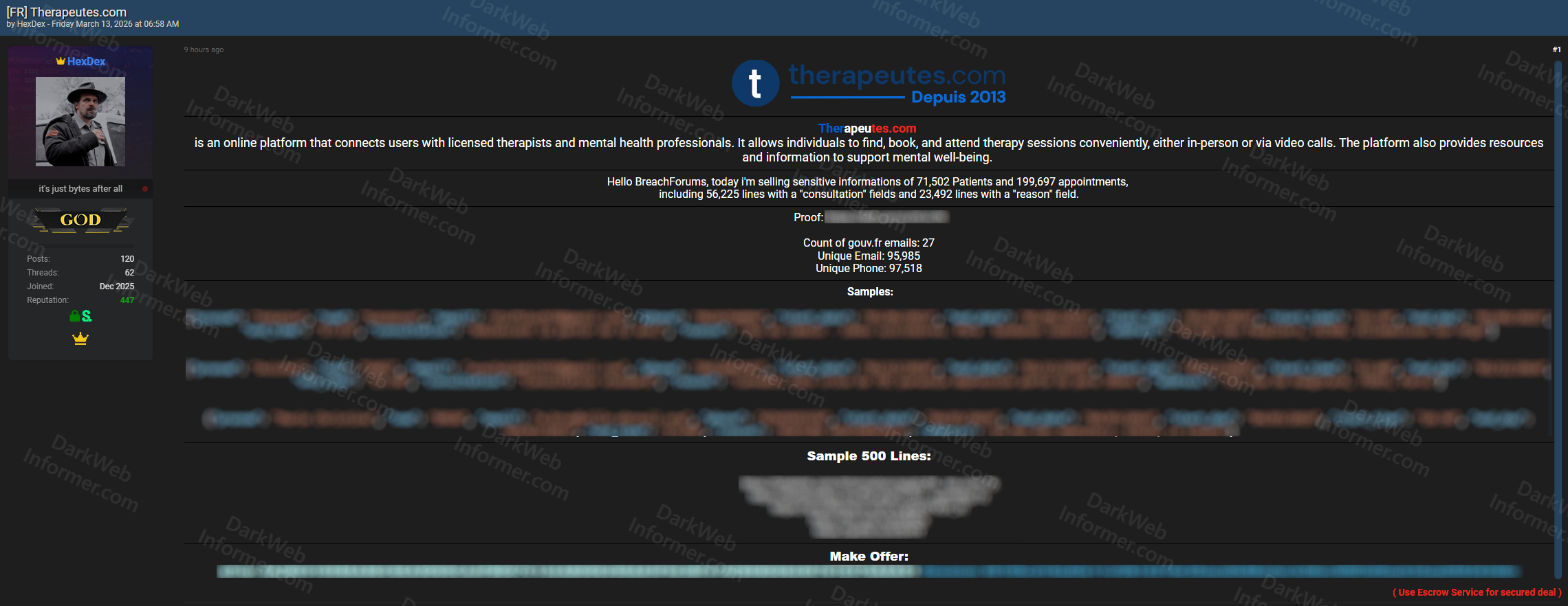 Forum post by HexDex selling Therapeutes.com patient data including 71,502 patients, 199,697 appointments, and therapy consultation details