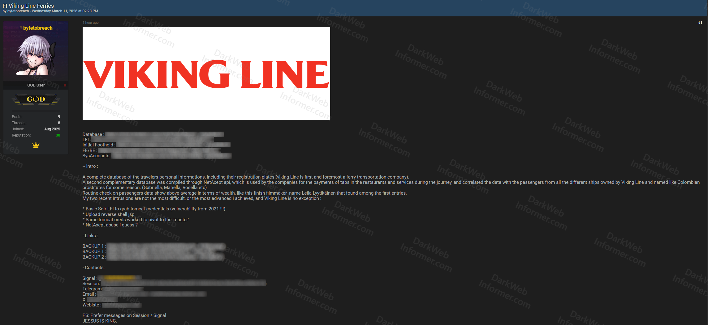 Forum listing showing Viking Line Ferries breach with passenger database and payment data
