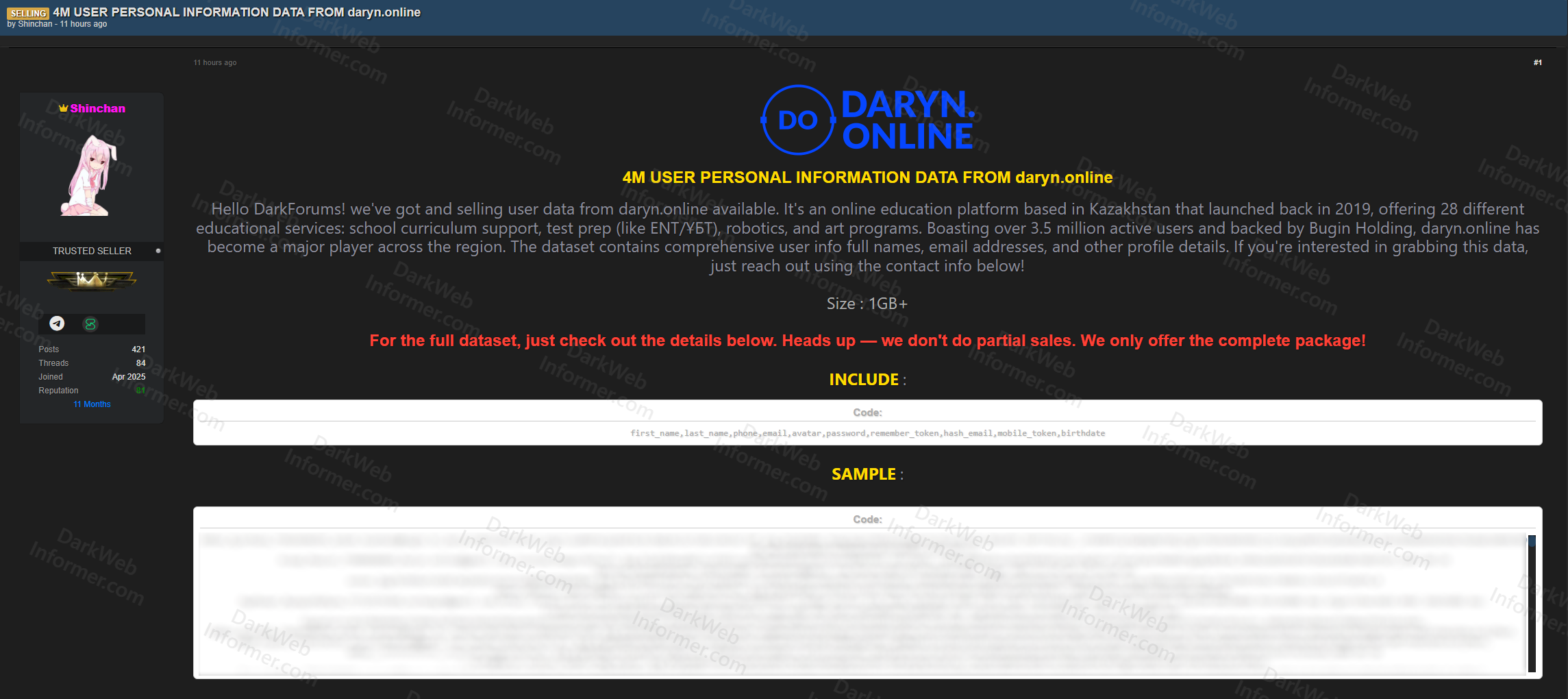 Forum post by Shinchan selling 4 million user records from Daryn Online education platform with data fields and sample