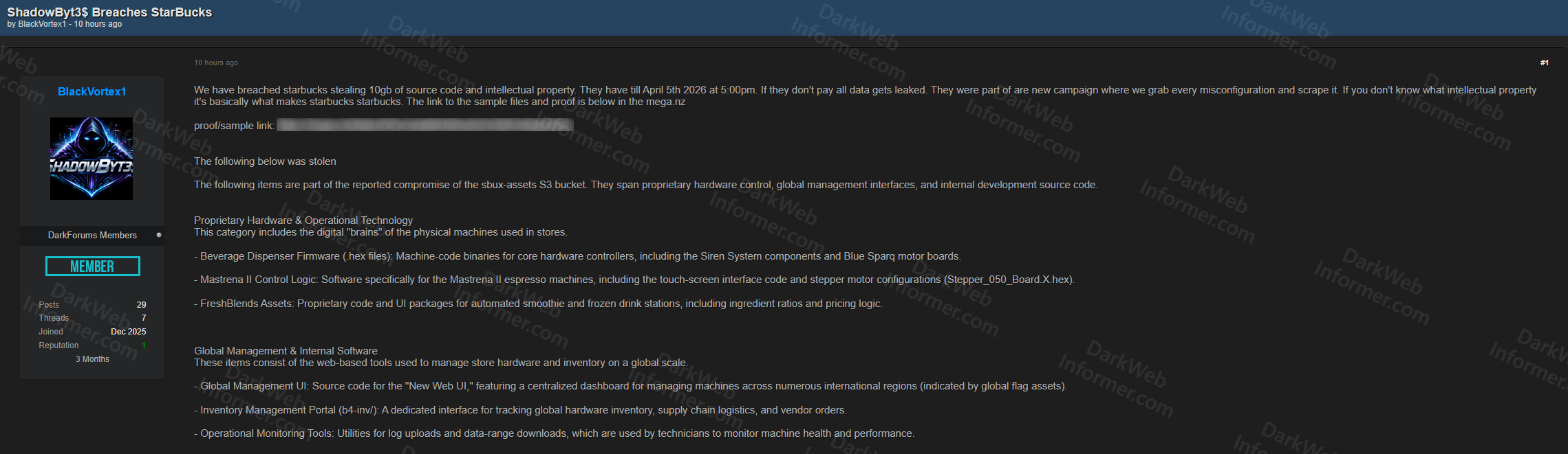 Forum post by BlackVortex1 claiming ShadowByt3s breach of Starbucks with 10GB from sbux-assets S3 bucket including firmware, management tools, and proprietary hardware code