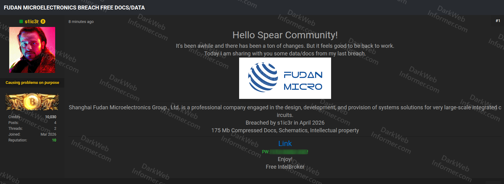 Forum post by s1ic3r leaking 175MB of Shanghai Fudan Microelectronics documents, schematics, and intellectual property with Fudan Micro logo and Free IntelBroker message