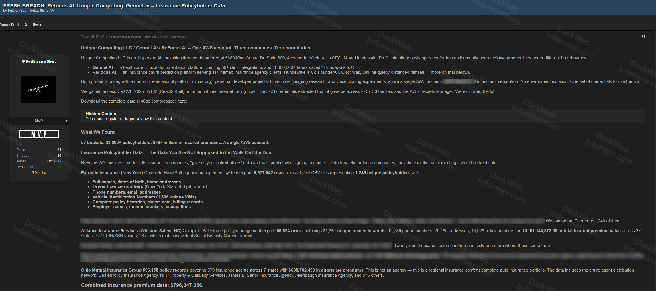 FulcrumSec breach post detailing Unique Computing, ReFocus AI, and Gennet AI shared AWS account compromise with insurance policyholder data from Patriotic Insurance, Alliance Insurance, and Ohio Mutual