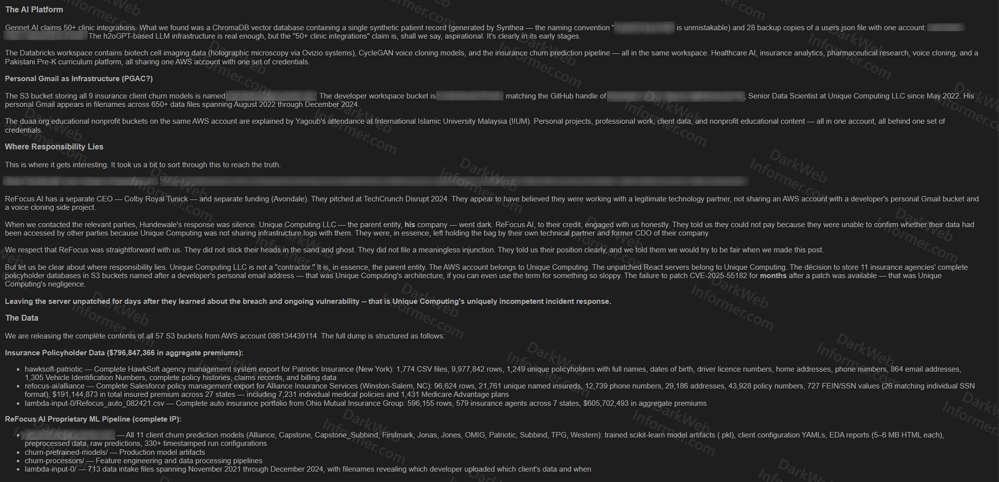Breach details showing Gennet AI clinical platform, personal Gmail as infrastructure, developer attribution, responsibility analysis, and complete S3 bucket data structure