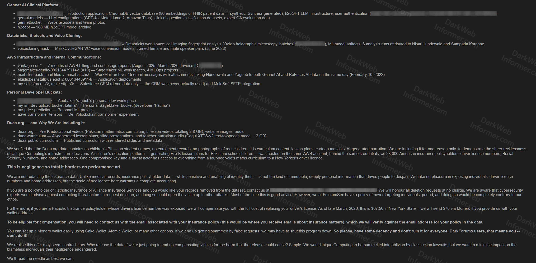 Complete S3 bucket inventory including Gennet AI clinical platform, Databricks biotech workspace, AWS infrastructure, personal developer buckets, and Duaa.org education platform with no-children's-PII verification