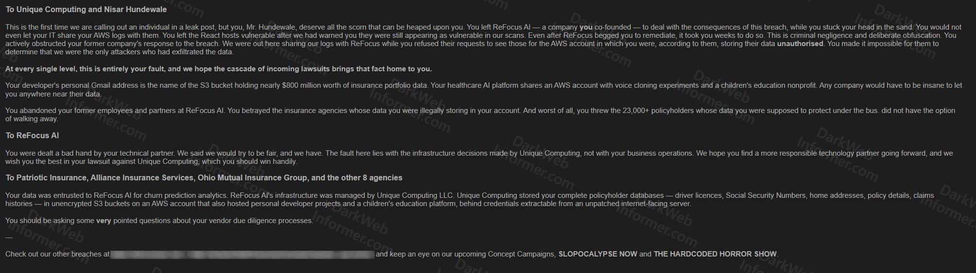 FulcrumSec open letter to Unique Computing CEO, ReFocus AI, and affected insurance agencies with victim compensation offer and upcoming campaign announcements