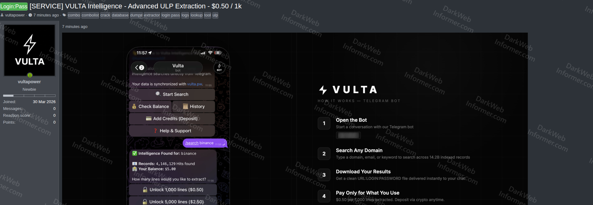 Forum post by vultapower launching Vulta Intelligence credential lookup service showing Telegram bot interface with Binance search returning 4.1 million hits