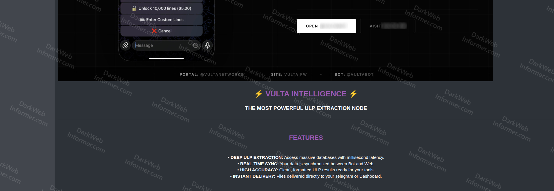 Vulta Intelligence features overview including deep ULP extraction, real-time sync, instant delivery, and ecosystem links