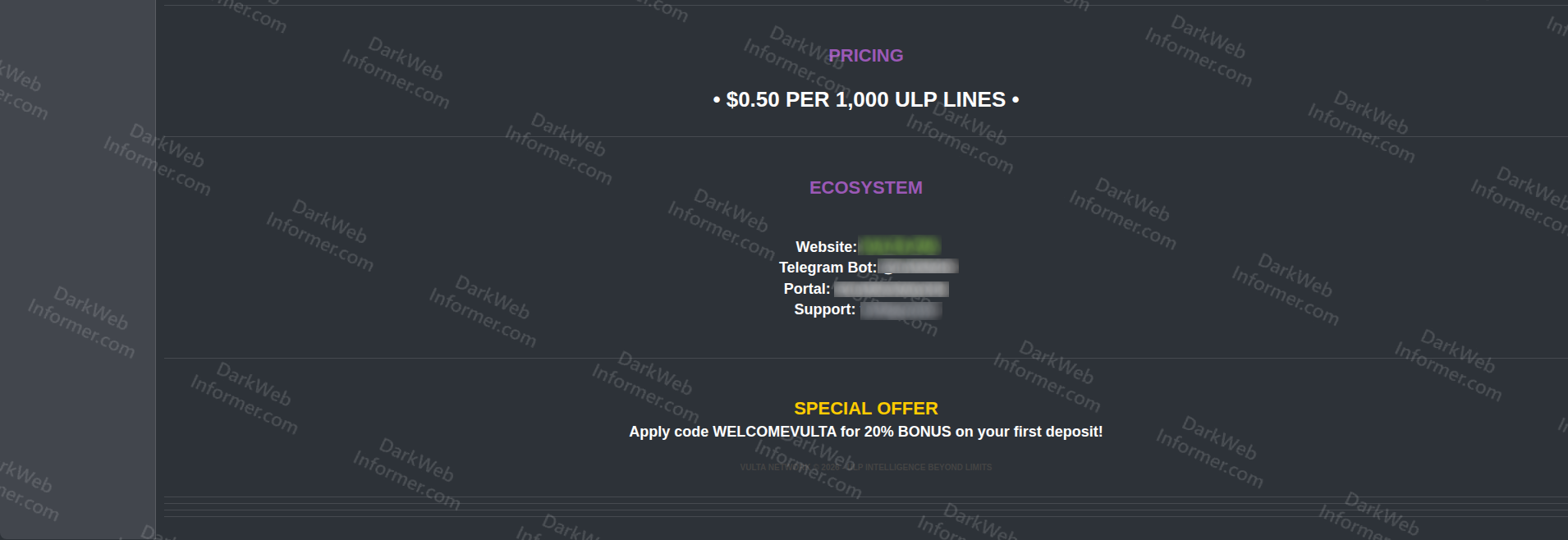 Vulta Intelligence pricing at $0.50 per 1,000 ULP lines, ecosystem contact details, and WELCOMEVULTA 20% bonus promotion code