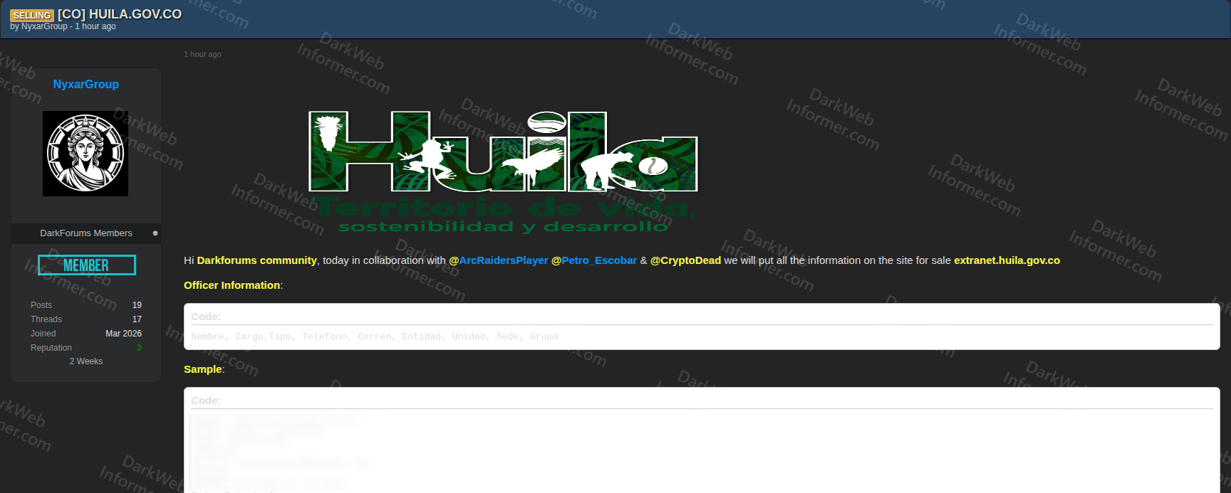 Forum post by NyxarGroup selling Huila Colombia government extranet data with officer information fields, collaborator credits, and sample code block