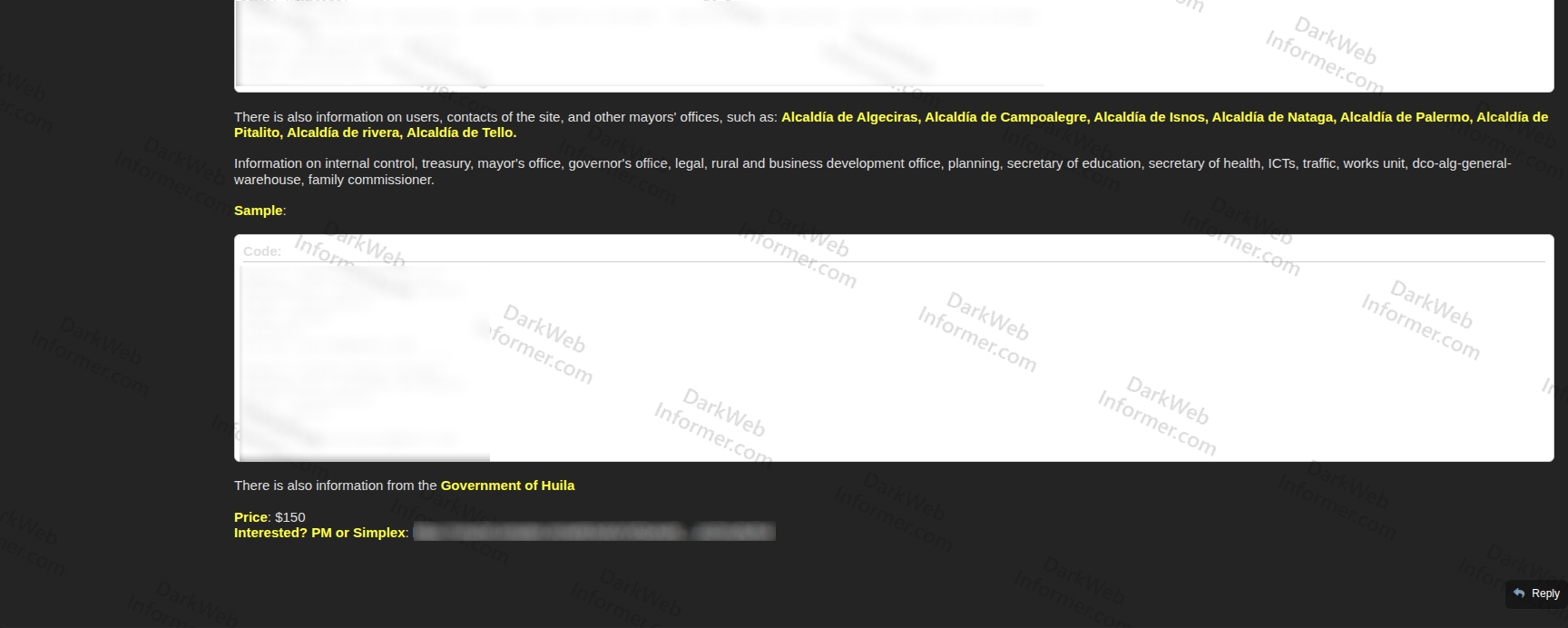 Municipal mayors offices affected across 8 Huila municipalities, government department listings, sample data, and $150 pricing