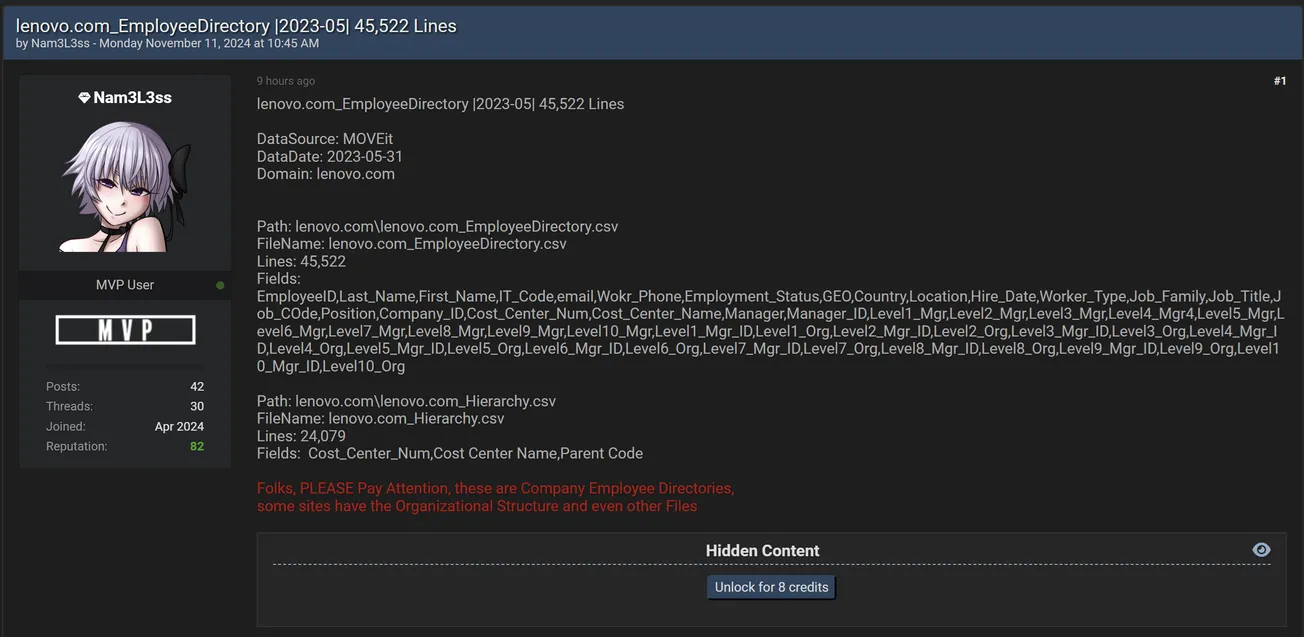 Nam3L3ss Has Allegedly Leaked Employee Data of Lenovo