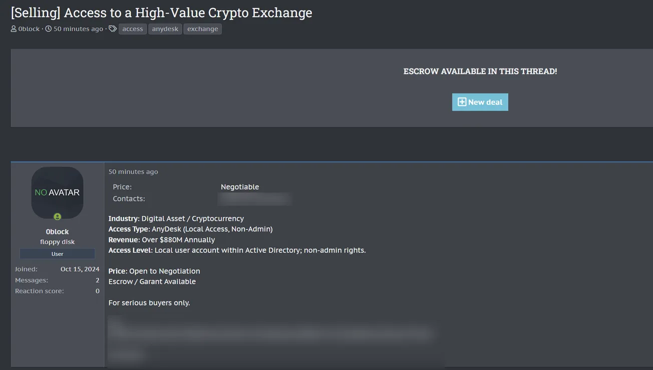 A Threat Actor is Selling AnyDesk Access to an Unidentified Crypto Exchange Company