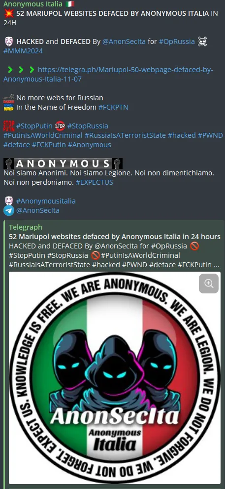 Anonymous Italia Defaced Multiple Russian Websites