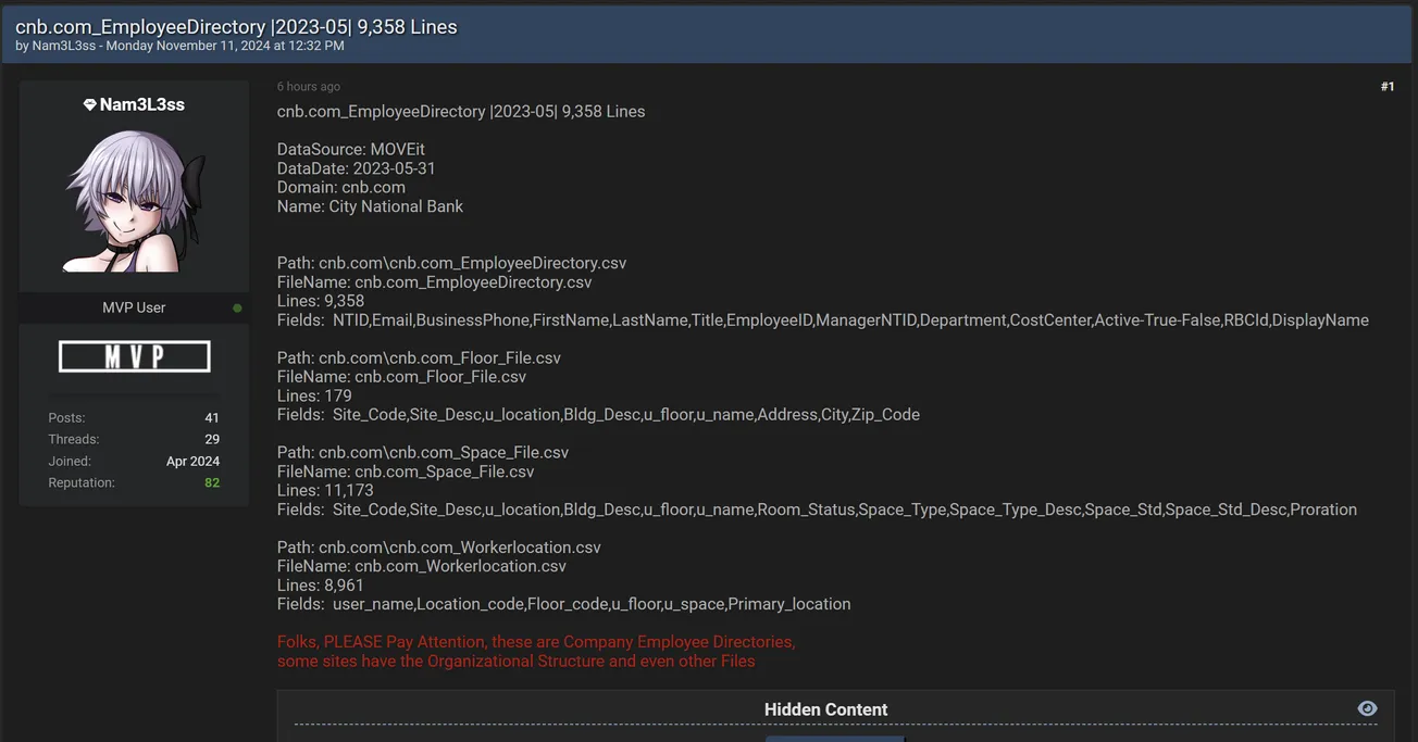 Nam3L3ss Has Allegedly Leaked Data of City National Bank (CNB)