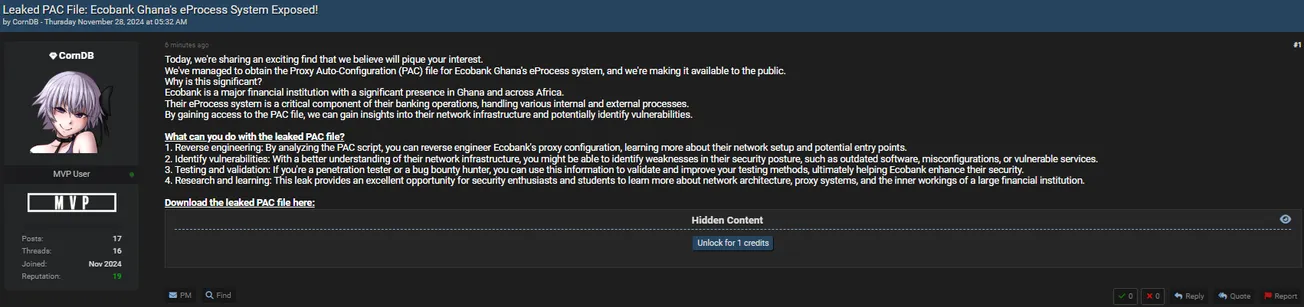CornDB Claims to have Leaked a Proxy Auto-Configuration (PAC) file from Ecobank Ghana