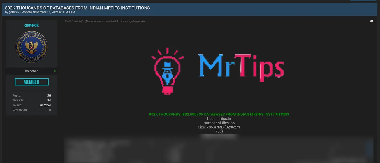 A Threat Actor Has Allegedly Leaked the Data of Mr Tips