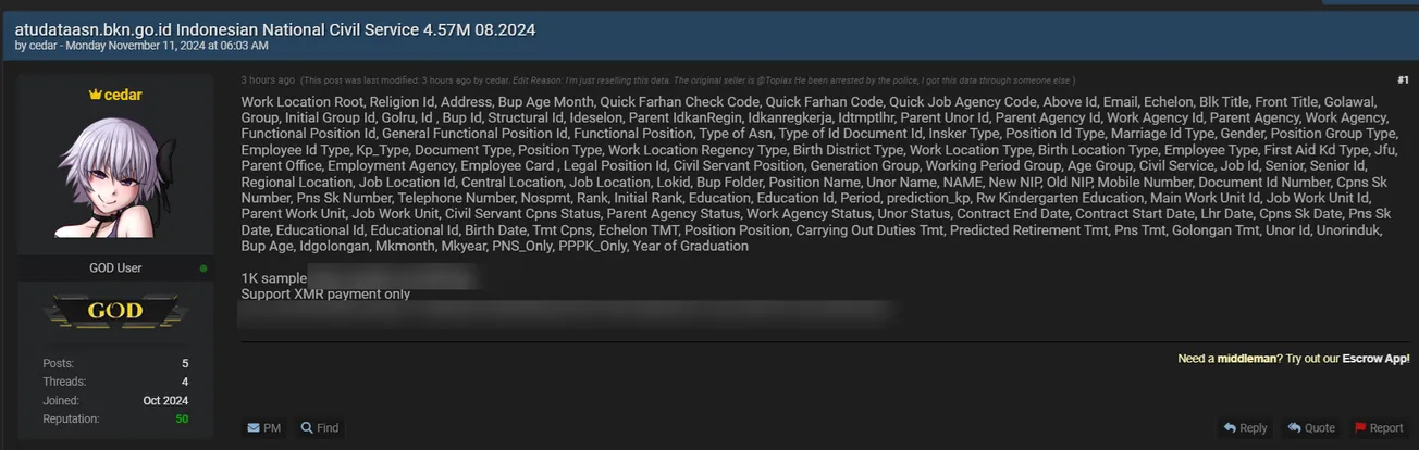 A Threat Actor Has Allegedly Leaked the Data of Badan Kepegawaian Negara Republik Indonesia