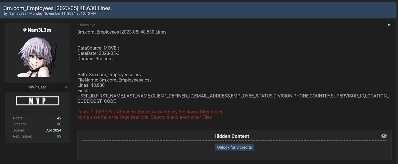 Nam3L3ss Has Allegedly Leaked Employee Data of 3M