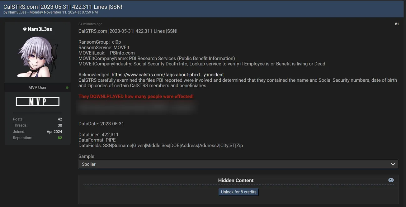 Nam3Less Has Allegedly Leaked Data of CalSTRS