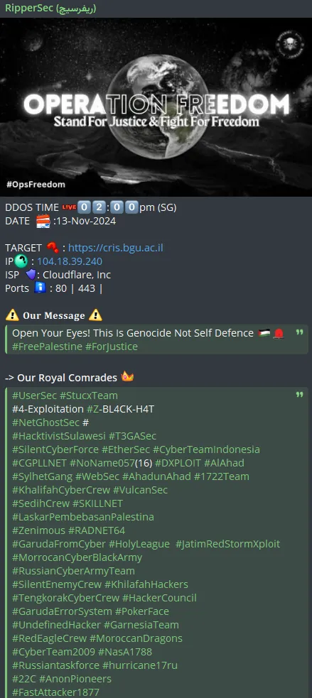 RipperSec Targeted the Website of Ben-Gurion University Research Portal
