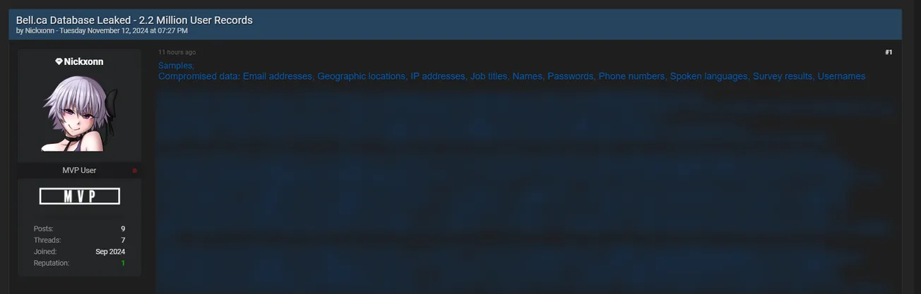 A Threat Actor Has Allegedly Leaked Data of Bell Canada