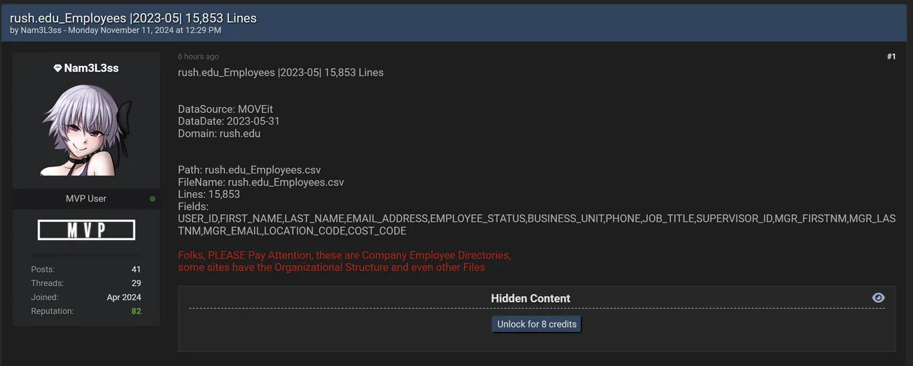 Nam3L3ss Has Allegedly Leaked Employee Data of Rush University