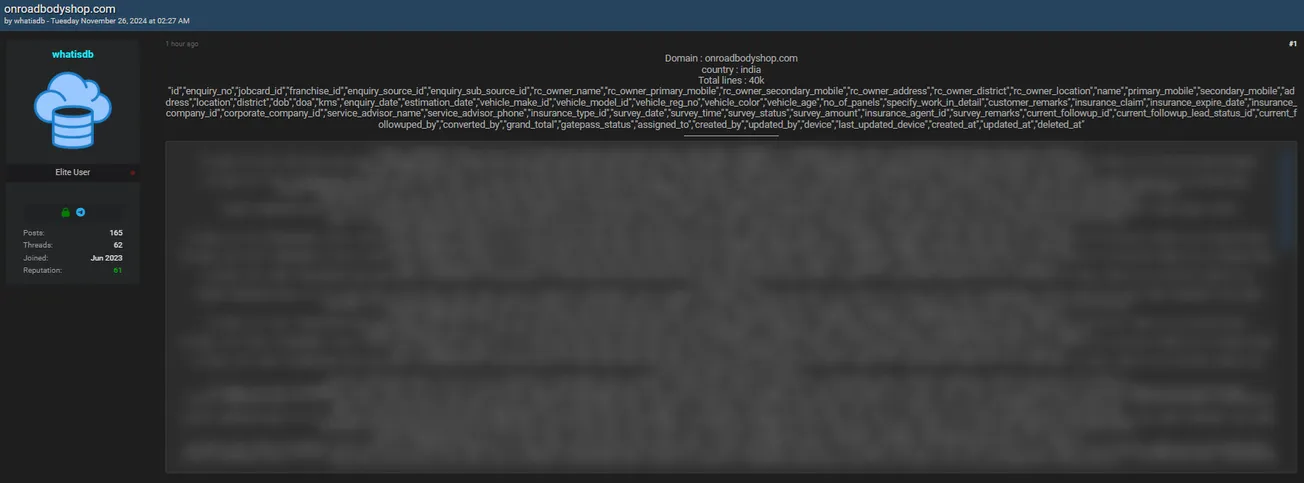 A Threat Actor Claims to have Leaked the Data of Onroad Bodyshop