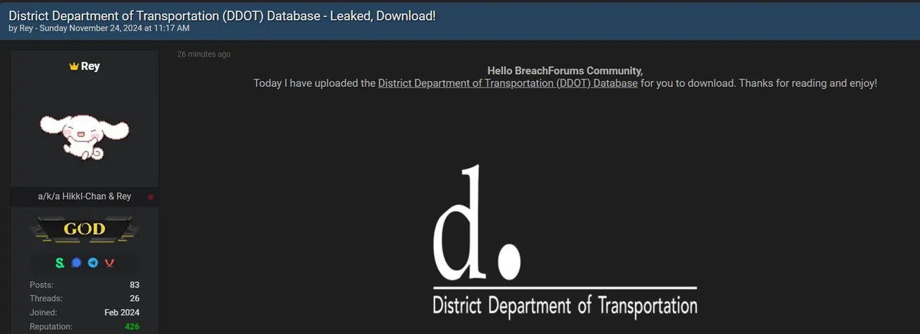 Rey Has Allegedly Leaked the Data of The District Department of Transportation