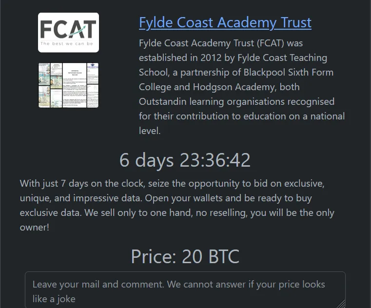 Fylde Coast Academy Trust Has Been Claimed a Victim to RHYSIDA Ransomware