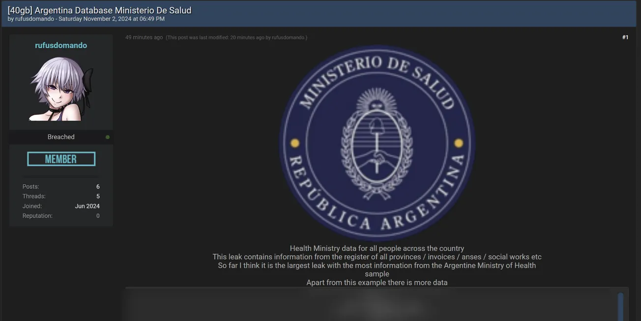 A Threat Actor Has Allegedly Leaked Data of Ministry of Health of Argentina