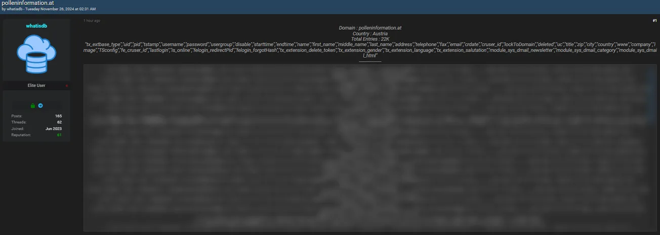 A Threat Actor Claims to have Leaked the Data of Polleninformation