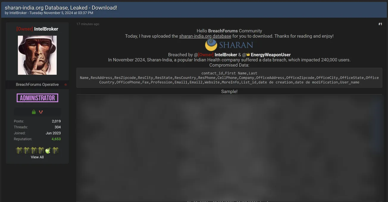 IntelBroker and EnergryWeaponUser Have Allegedly Leaked the Data of SHARAN
