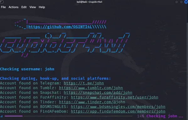 cupidcr4wl: An Open-Source Intelligence Username Search Tool That Crawls Adult Content Platforms to see if a Targeted Account or Person is Present